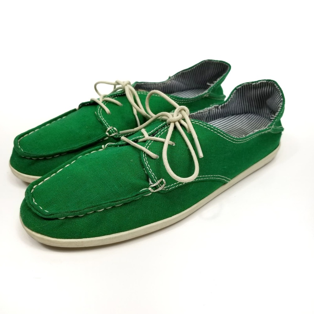 OluKai Green Canvas Boat Sneakers with Cream Laces